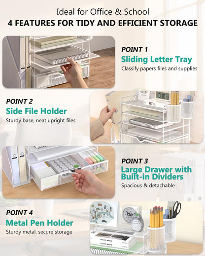 Desk File Organizer, 4 Tier Desktop Paper Letter Tray Organizer with Drawer and 2 Pen Holders, Office Desk Accessories & Workspace Organizers for Office, Home Supplies(DO005DH-B), 1 Pack, Black