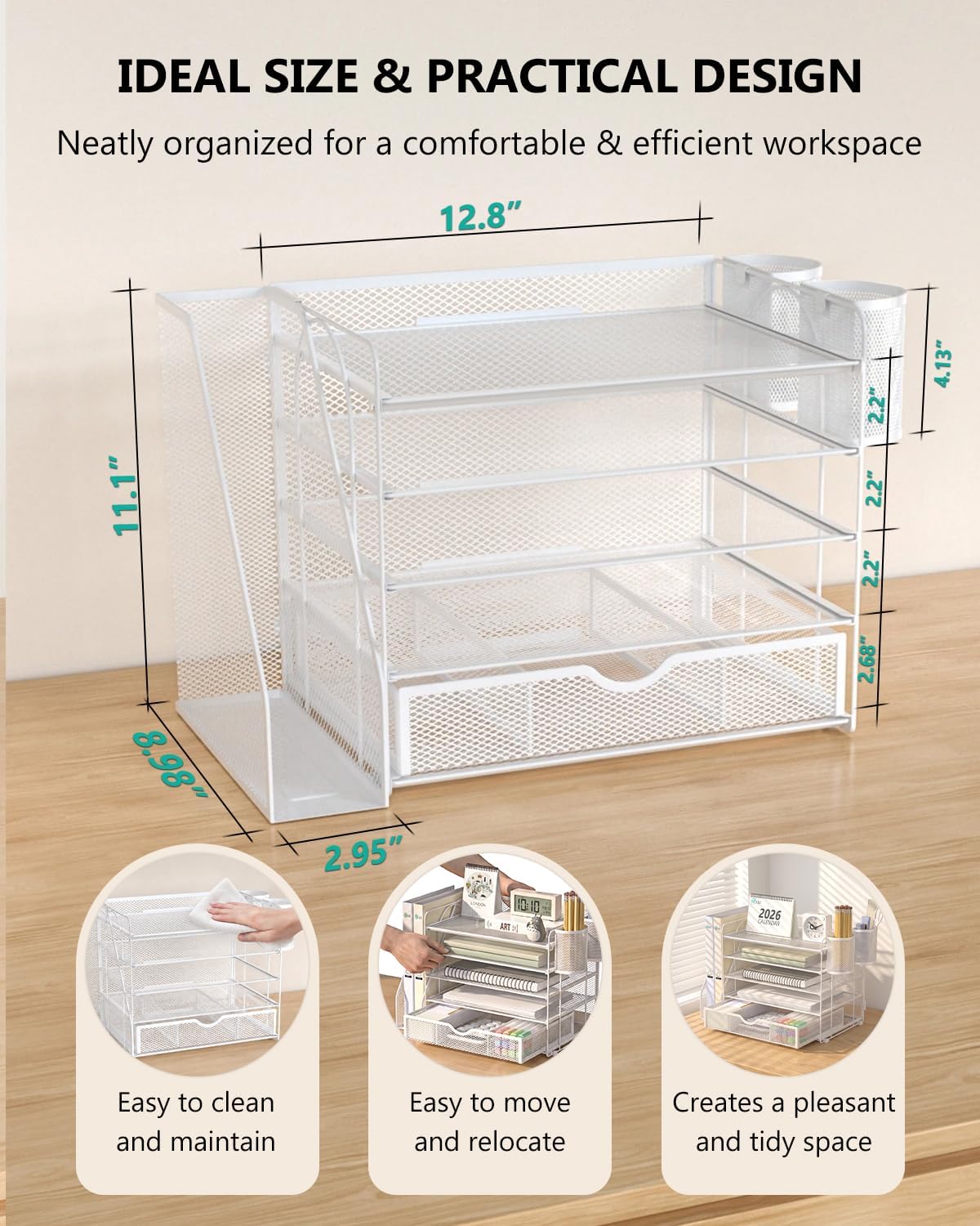 Desk File Organizer, 4 Tier Desktop Paper Letter Tray Organizer with Drawer and 2 Pen Holders, Office Desk Accessories & Workspace Organizers for Office, Home Supplies(DO005DH-B), 1 Pack, Black
