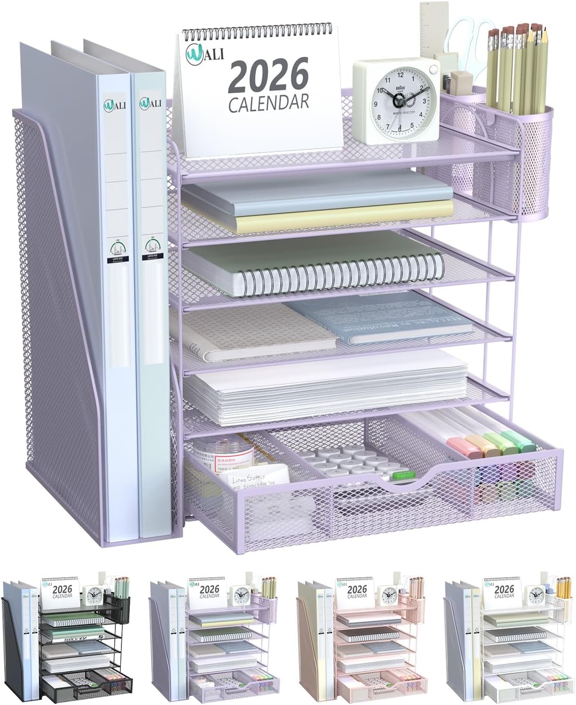 Desk File Organizer, 4 Tier Desktop Paper Letter Tray Organizer with Drawer and 2 Pen Holders, Office Desk Accessories & Workspace Organizers for Office, Home Supplies(DO005DH-B), 1 Pack, Black
