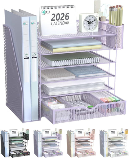 Desk File Organizer, 4 Tier Desktop Paper Letter Tray Organizer with Drawer and 2 Pen Holders, Office Desk Accessories & Workspace Organizers for Office, Home Supplies(DO005DH-B), 1 Pack, Black