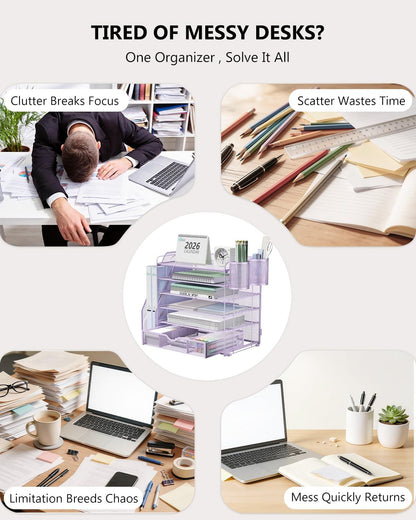 Desk File Organizer, 4 Tier Desktop Paper Letter Tray Organizer with Drawer and 2 Pen Holders, Office Desk Accessories & Workspace Organizers for Office, Home Supplies(DO005DH-B), 1 Pack, Black