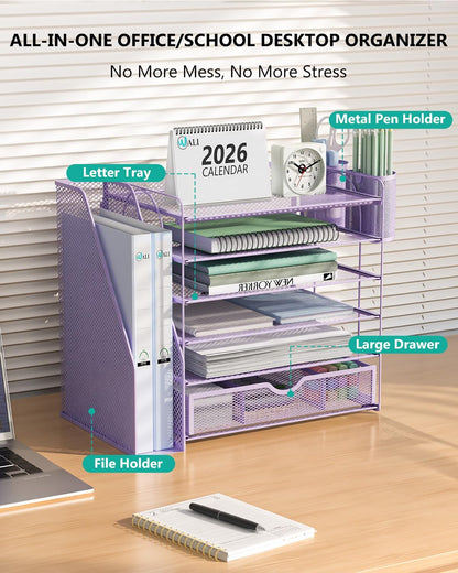 Desk File Organizer, 4 Tier Desktop Paper Letter Tray Organizer with Drawer and 2 Pen Holders, Office Desk Accessories & Workspace Organizers for Office, Home Supplies(DO005DH-B), 1 Pack, Black