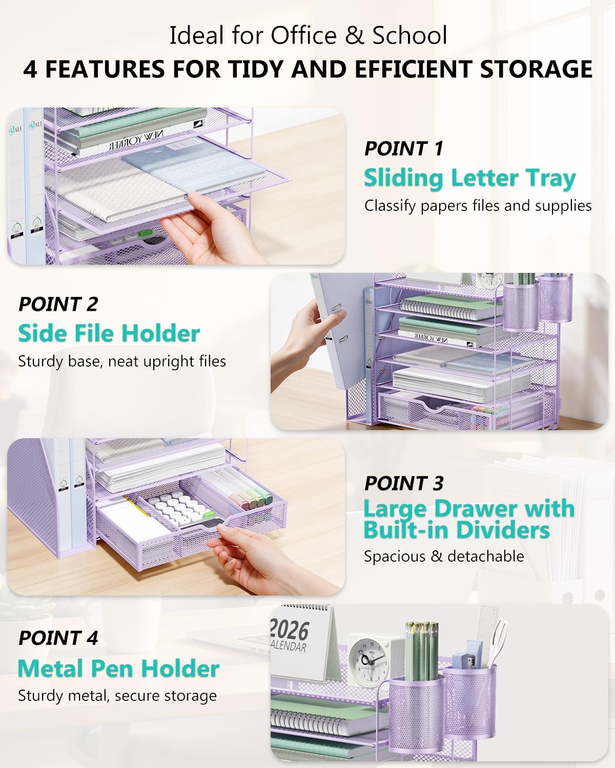 Desk File Organizer, 4 Tier Desktop Paper Letter Tray Organizer with Drawer and 2 Pen Holders, Office Desk Accessories & Workspace Organizers for Office, Home Supplies(DO005DH-B), 1 Pack, Black