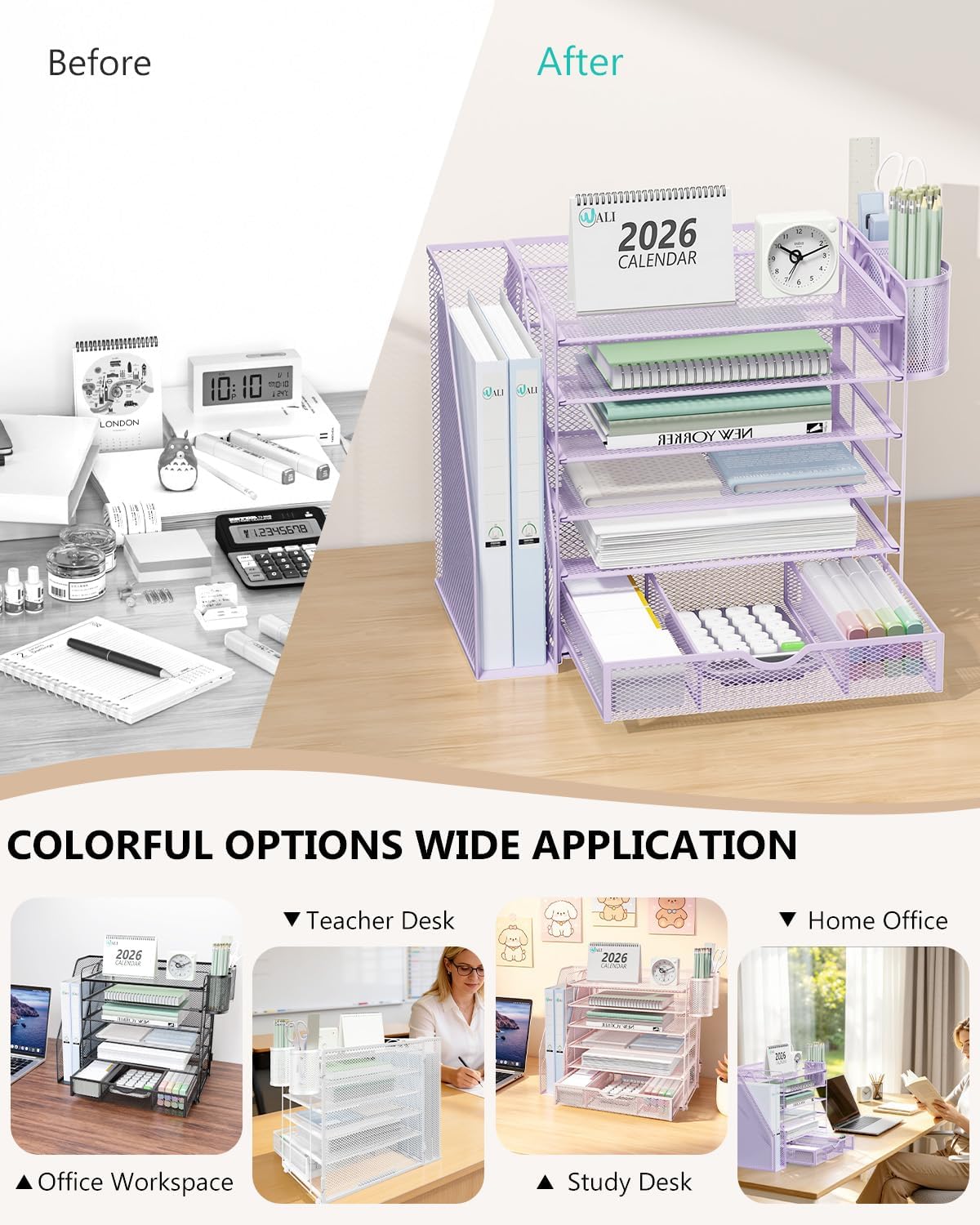 Desk File Organizer, 4 Tier Desktop Paper Letter Tray Organizer with Drawer and 2 Pen Holders, Office Desk Accessories & Workspace Organizers for Office, Home Supplies(DO005DH-B), 1 Pack, Black