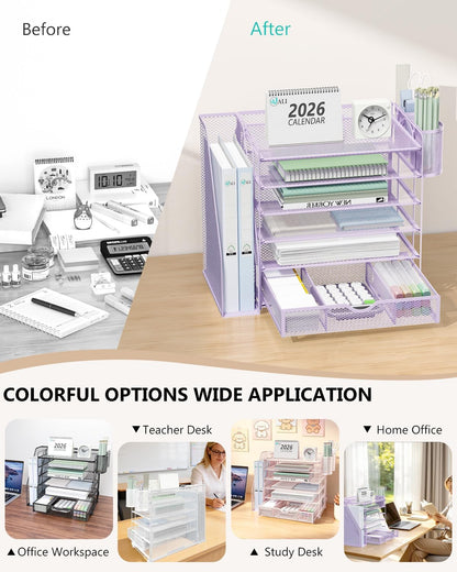 Desk File Organizer, 4 Tier Desktop Paper Letter Tray Organizer with Drawer and 2 Pen Holders, Office Desk Accessories & Workspace Organizers for Office, Home Supplies(DO005DH-B), 1 Pack, Black