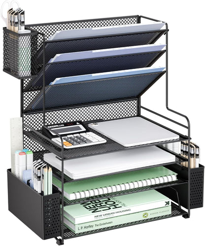 Desk File Organizer, 4 Tier Desktop Paper Letter Tray Organizer with Drawer and 2 Pen Holders, Office Desk Accessories & Workspace Organizers for Office, Home Supplies(DO005DH-B), 1 Pack, Black