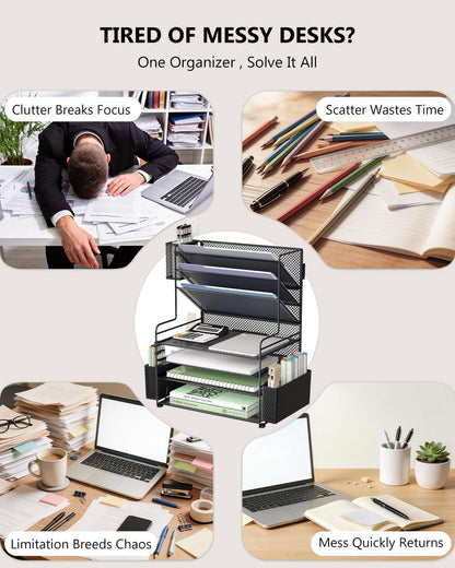 Desk File Organizer, 4 Tier Desktop Paper Letter Tray Organizer with Drawer and 2 Pen Holders, Office Desk Accessories & Workspace Organizers for Office, Home Supplies(DO005DH-B), 1 Pack, Black