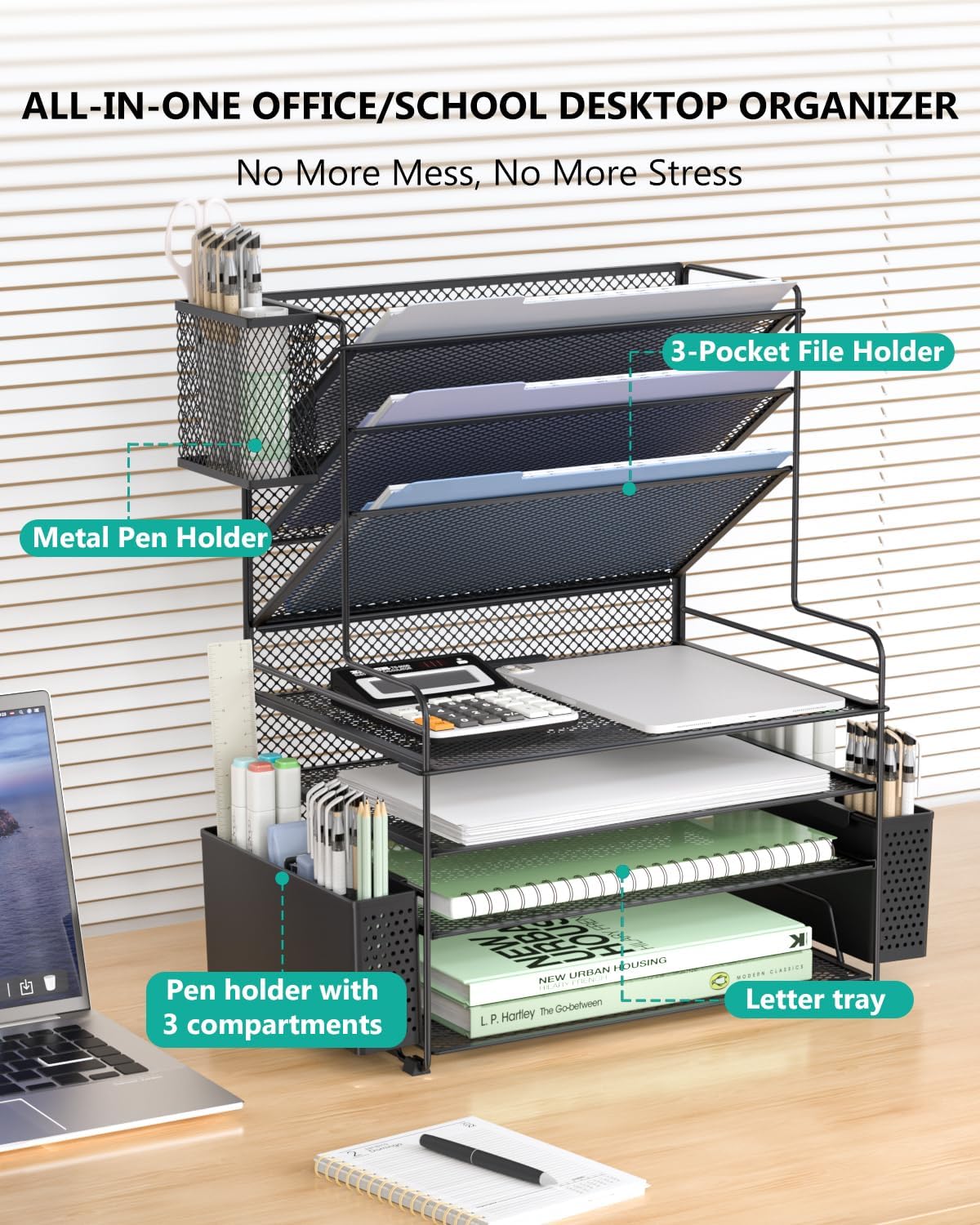 Desk File Organizer, 4 Tier Desktop Paper Letter Tray Organizer with Drawer and 2 Pen Holders, Office Desk Accessories & Workspace Organizers for Office, Home Supplies(DO005DH-B), 1 Pack, Black