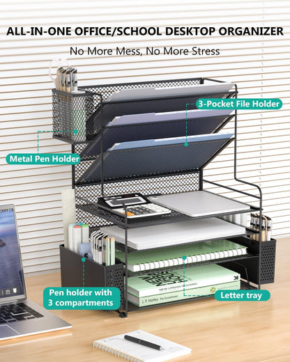 Desk File Organizer, 4 Tier Desktop Paper Letter Tray Organizer with Drawer and 2 Pen Holders, Office Desk Accessories & Workspace Organizers for Office, Home Supplies(DO005DH-B), 1 Pack, Black