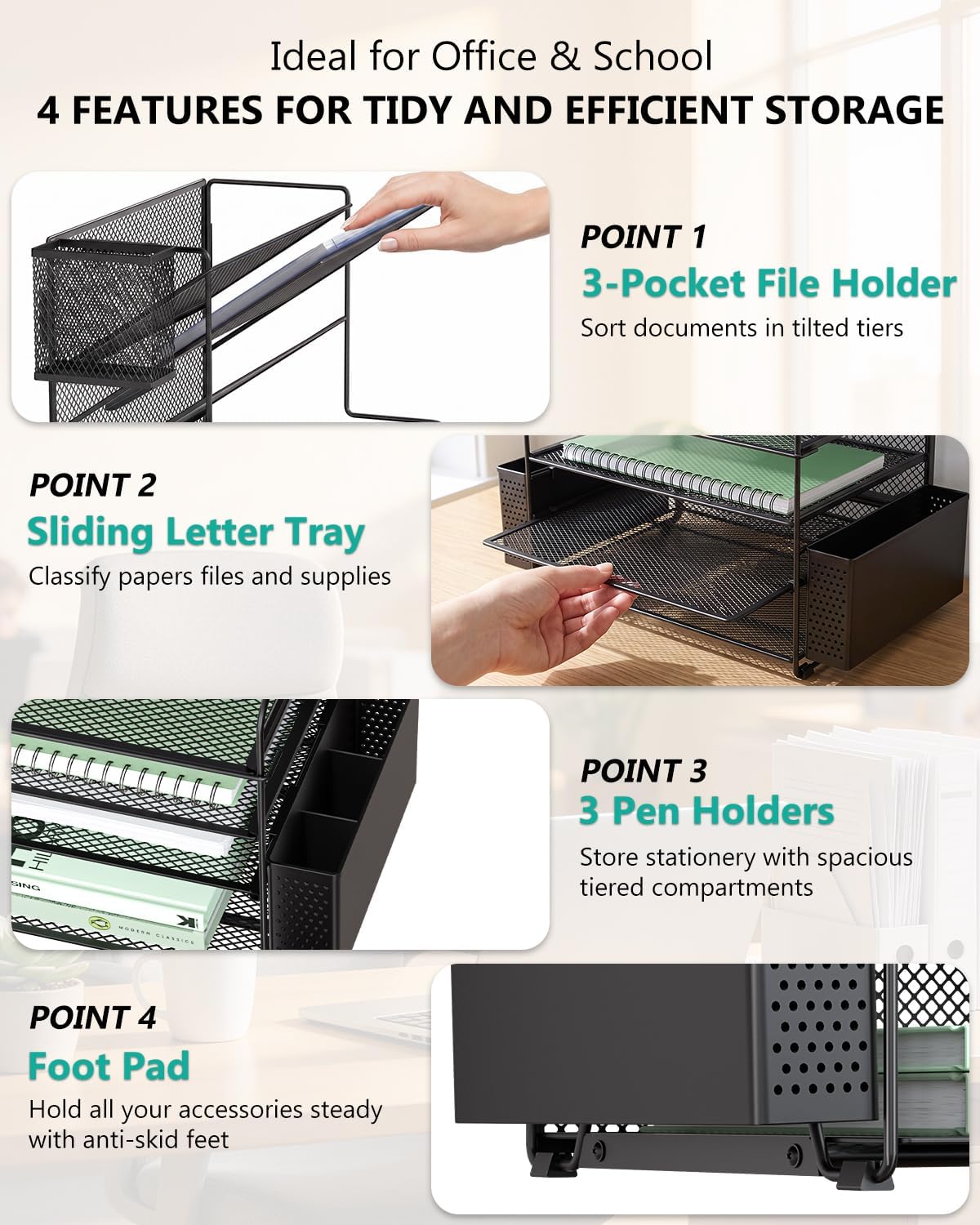 Desk File Organizer, 4 Tier Desktop Paper Letter Tray Organizer with Drawer and 2 Pen Holders, Office Desk Accessories & Workspace Organizers for Office, Home Supplies(DO005DH-B), 1 Pack, Black