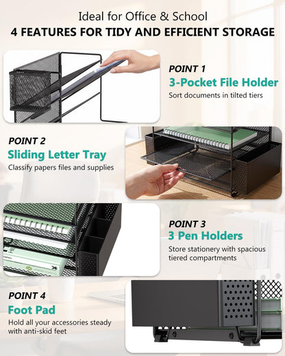 Desk File Organizer, 4 Tier Desktop Paper Letter Tray Organizer with Drawer and 2 Pen Holders, Office Desk Accessories & Workspace Organizers for Office, Home Supplies(DO005DH-B), 1 Pack, Black