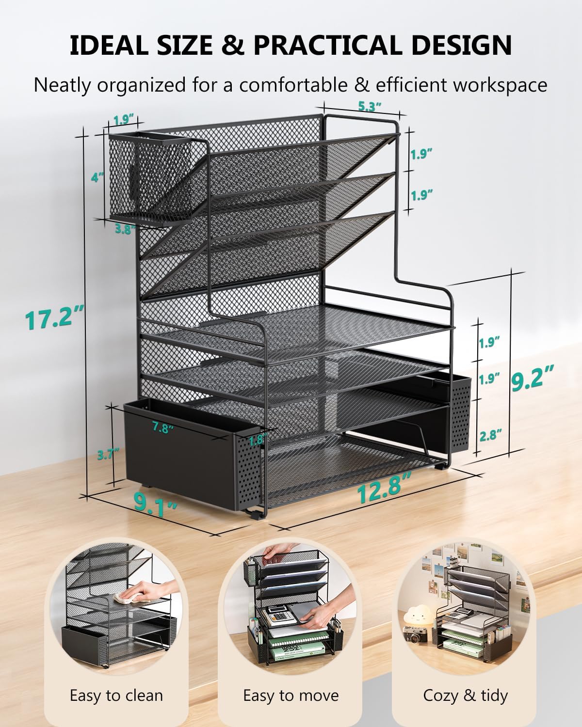 Desk File Organizer, 4 Tier Desktop Paper Letter Tray Organizer with Drawer and 2 Pen Holders, Office Desk Accessories & Workspace Organizers for Office, Home Supplies(DO005DH-B), 1 Pack, Black