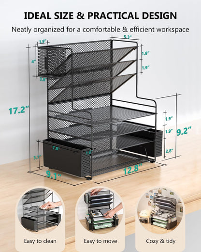 Desk File Organizer, 4 Tier Desktop Paper Letter Tray Organizer with Drawer and 2 Pen Holders, Office Desk Accessories & Workspace Organizers for Office, Home Supplies(DO005DH-B), 1 Pack, Black