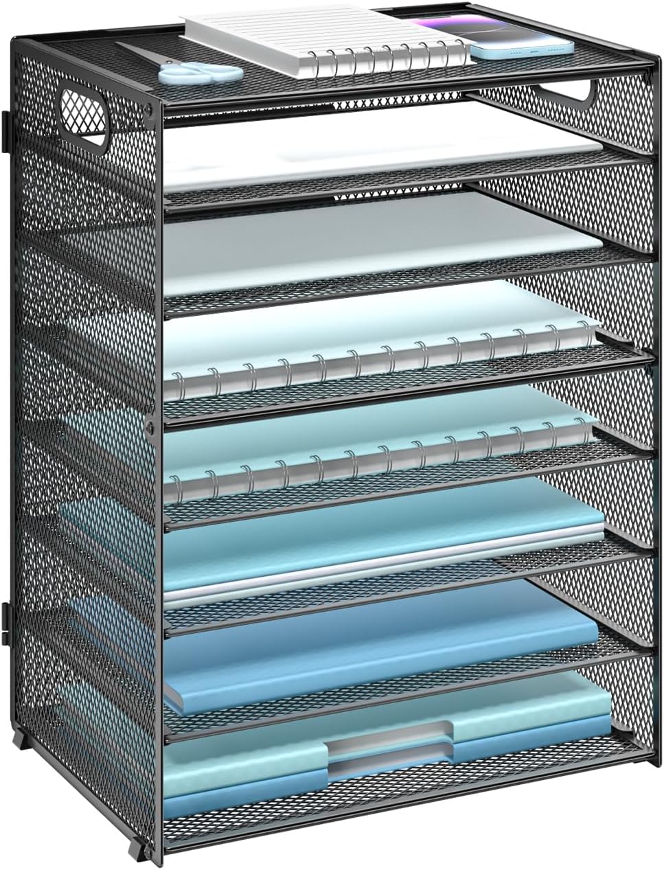 Desk File Organizer, 4 Tier Desktop Paper Letter Tray Organizer with Drawer and 2 Pen Holders, Office Desk Accessories & Workspace Organizers for Office, Home Supplies(DO005DH-B), 1 Pack, Black