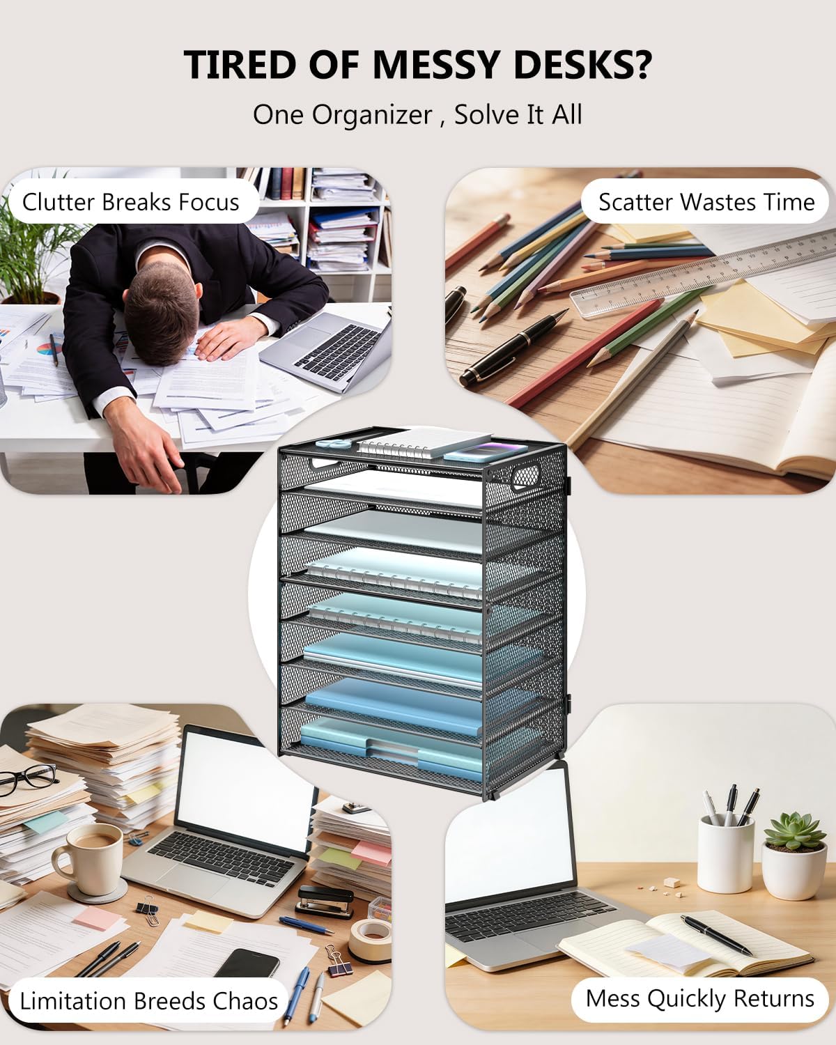 Desk File Organizer, 4 Tier Desktop Paper Letter Tray Organizer with Drawer and 2 Pen Holders, Office Desk Accessories & Workspace Organizers for Office, Home Supplies(DO005DH-B), 1 Pack, Black