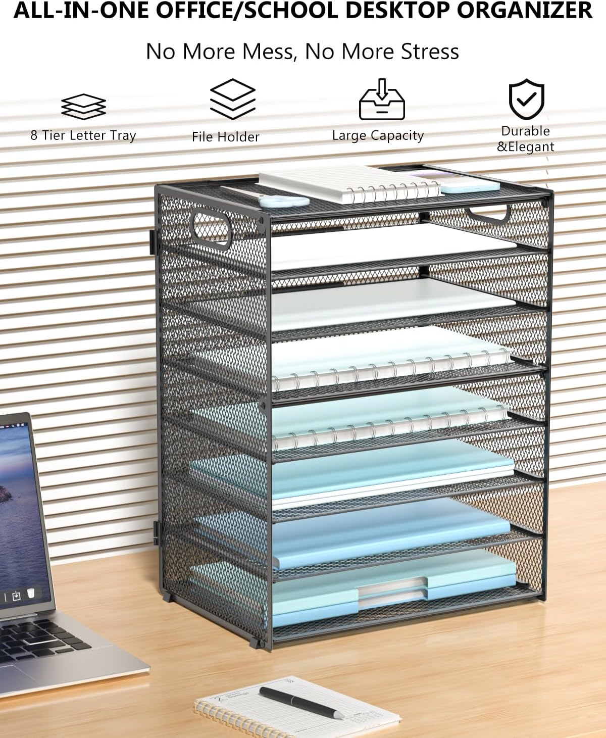 Desk File Organizer, 4 Tier Desktop Paper Letter Tray Organizer with Drawer and 2 Pen Holders, Office Desk Accessories & Workspace Organizers for Office, Home Supplies(DO005DH-B), 1 Pack, Black