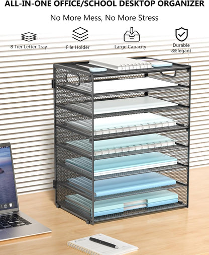 Desk File Organizer, 4 Tier Desktop Paper Letter Tray Organizer with Drawer and 2 Pen Holders, Office Desk Accessories & Workspace Organizers for Office, Home Supplies(DO005DH-B), 1 Pack, Black