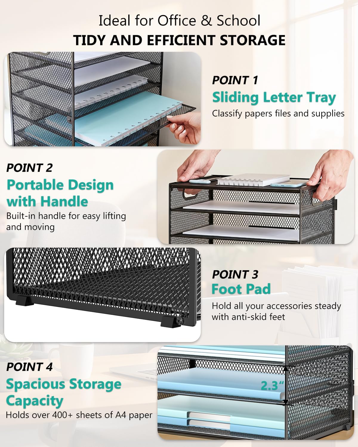 Desk File Organizer, 4 Tier Desktop Paper Letter Tray Organizer with Drawer and 2 Pen Holders, Office Desk Accessories & Workspace Organizers for Office, Home Supplies(DO005DH-B), 1 Pack, Black