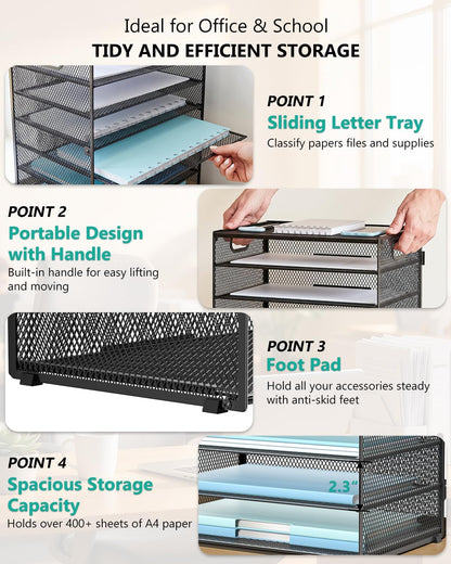 Desk File Organizer, 4 Tier Desktop Paper Letter Tray Organizer with Drawer and 2 Pen Holders, Office Desk Accessories & Workspace Organizers for Office, Home Supplies(DO005DH-B), 1 Pack, Black