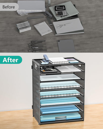 Desk File Organizer, 4 Tier Desktop Paper Letter Tray Organizer with Drawer and 2 Pen Holders, Office Desk Accessories & Workspace Organizers for Office, Home Supplies(DO005DH-B), 1 Pack, Black