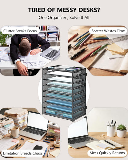 Desk File Organizer, 4 Tier Desktop Paper Letter Tray Organizer with Drawer and 2 Pen Holders, Office Desk Accessories & Workspace Organizers for Office, Home Supplies(DO005DH-B), 1 Pack, Black