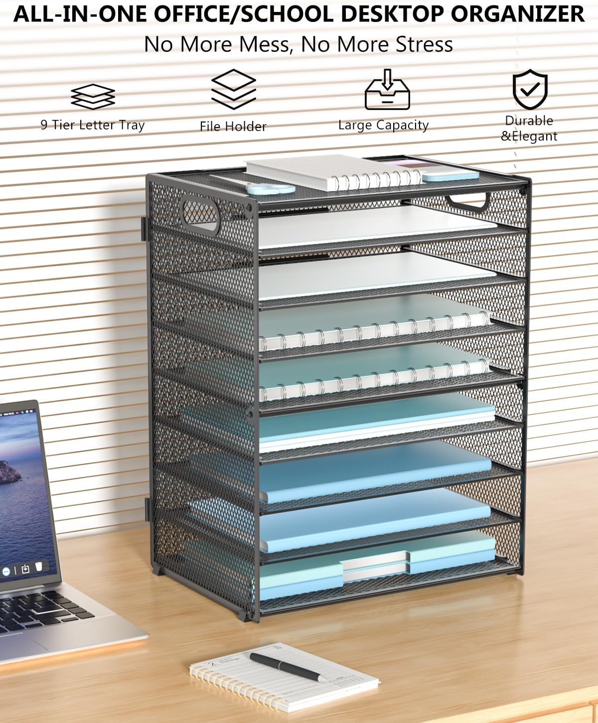 Desk File Organizer, 4 Tier Desktop Paper Letter Tray Organizer with Drawer and 2 Pen Holders, Office Desk Accessories & Workspace Organizers for Office, Home Supplies(DO005DH-B), 1 Pack, Black