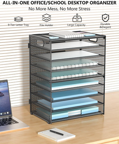 Desk File Organizer, 4 Tier Desktop Paper Letter Tray Organizer with Drawer and 2 Pen Holders, Office Desk Accessories & Workspace Organizers for Office, Home Supplies(DO005DH-B), 1 Pack, Black