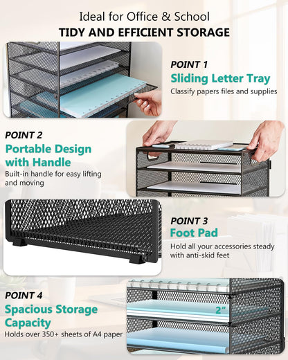 Desk File Organizer, 4 Tier Desktop Paper Letter Tray Organizer with Drawer and 2 Pen Holders, Office Desk Accessories & Workspace Organizers for Office, Home Supplies(DO005DH-B), 1 Pack, Black