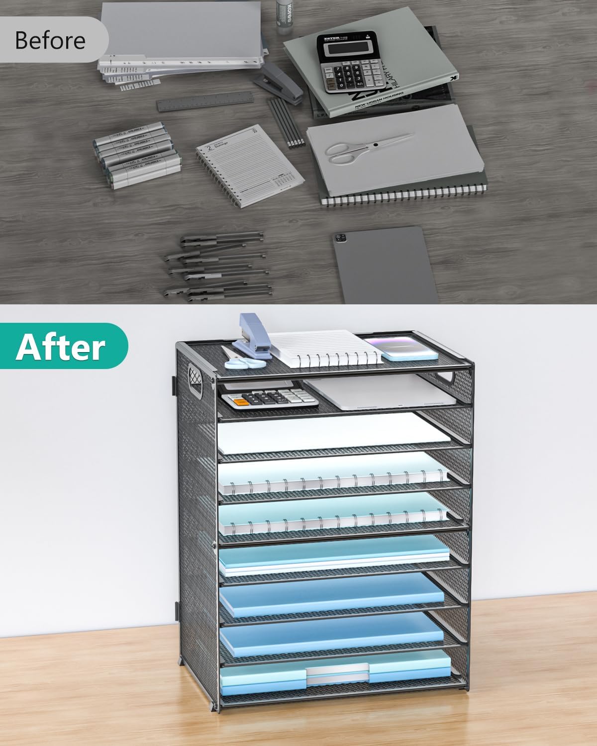 Desk File Organizer, 4 Tier Desktop Paper Letter Tray Organizer with Drawer and 2 Pen Holders, Office Desk Accessories & Workspace Organizers for Office, Home Supplies(DO005DH-B), 1 Pack, Black