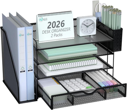 Desk File Organizer, 4 Tier Desktop Paper Letter Tray Organizer with Drawer and 2 Pen Holders, Office Desk Accessories & Workspace Organizers for Office, Home Supplies(DO005DH-B), 1 Pack, Black