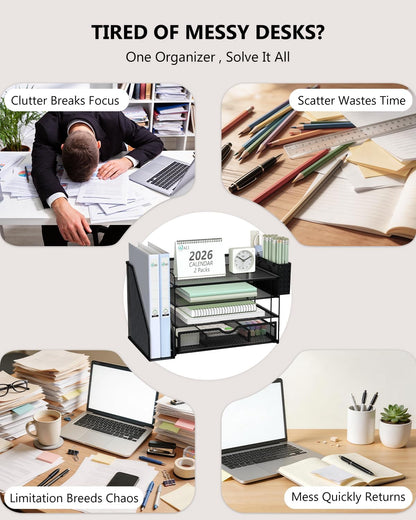 Desk File Organizer, 4 Tier Desktop Paper Letter Tray Organizer with Drawer and 2 Pen Holders, Office Desk Accessories & Workspace Organizers for Office, Home Supplies(DO005DH-B), 1 Pack, Black