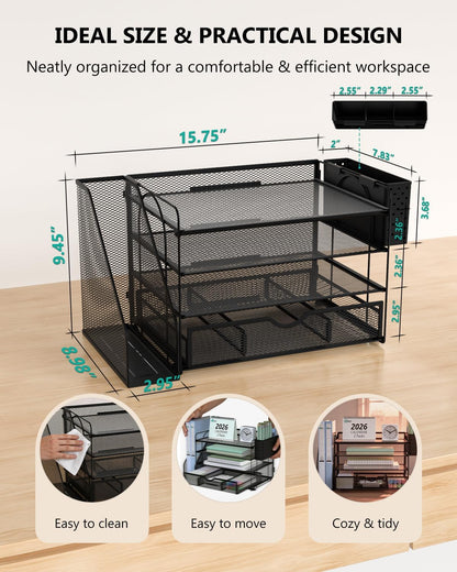Desk File Organizer, 4 Tier Desktop Paper Letter Tray Organizer with Drawer and 2 Pen Holders, Office Desk Accessories & Workspace Organizers for Office, Home Supplies(DO005DH-B), 1 Pack, Black