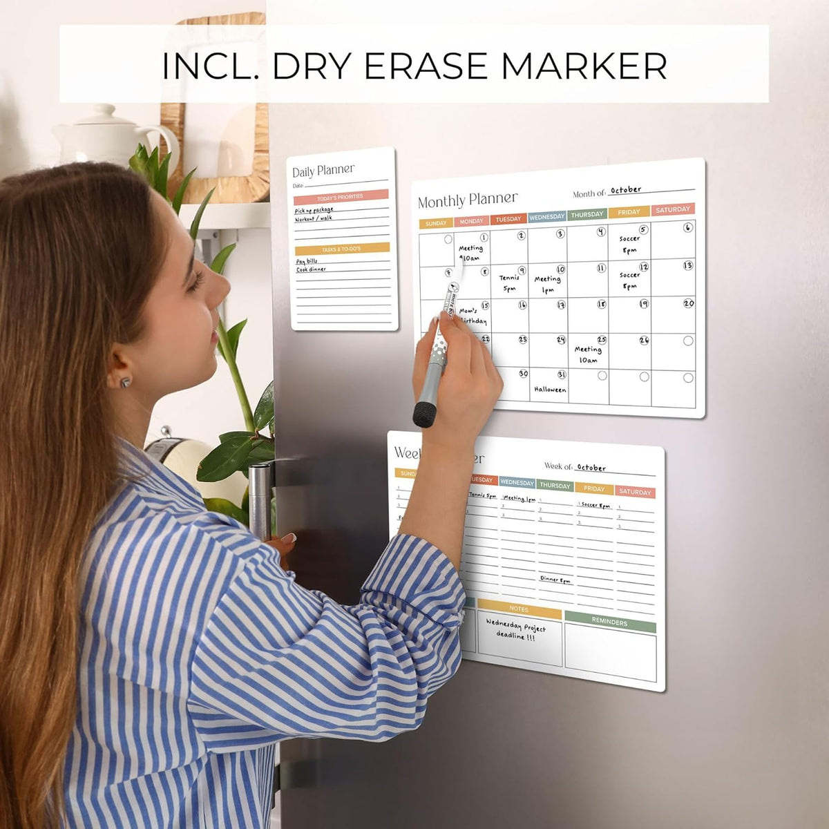 Beautiful Magnetic Dry Erase Calendar Set of 3 - Whiteboard with Marker
