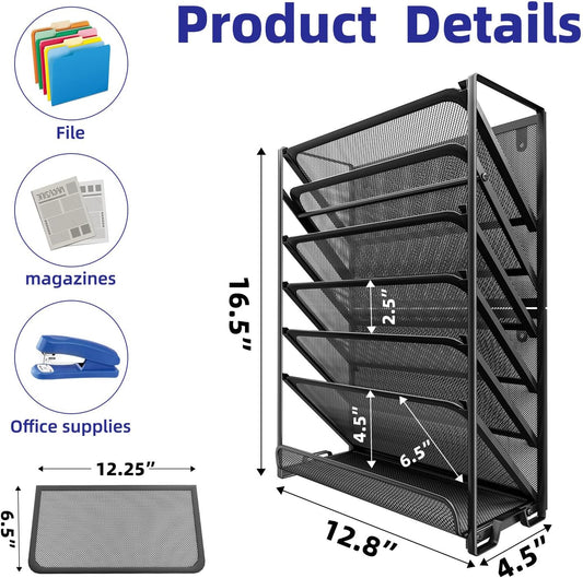 Wall File Organizer, Mesh 7-Tier Vertical Hanging File Holder, Desktop Metal Files Rack for Office and Home, Black