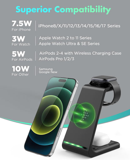3 in 1 Wireless Charging Station, 2026 Upgraded Fast Desk Charger Station for iPhone 17 16 15 14 13 12 Pro Max Plus, Charger Stand for Apple Watch 11 10 9 8 7 6 5 4 3 2 Ultra SE, Airpods 4 3 2 Pro
