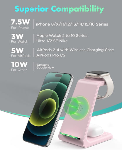 3 in 1 Wireless Charging Station, 2026 Upgraded Fast Desk Charger Station for iPhone 17 16 15 14 13 12 Pro Max Plus, Charger Stand for Apple Watch 11 10 9 8 7 6 5 4 3 2 Ultra SE, Airpods 4 3 2 Pro