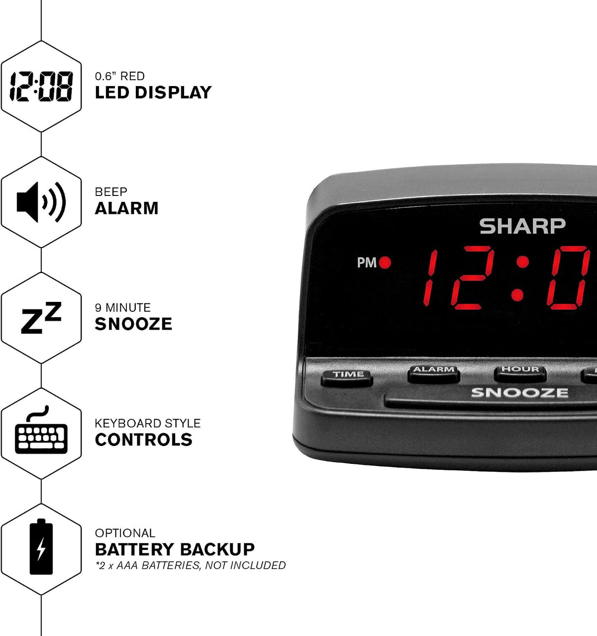 Digital Alarm Clock with Keyboard Controls, Large Snooze, Red LED