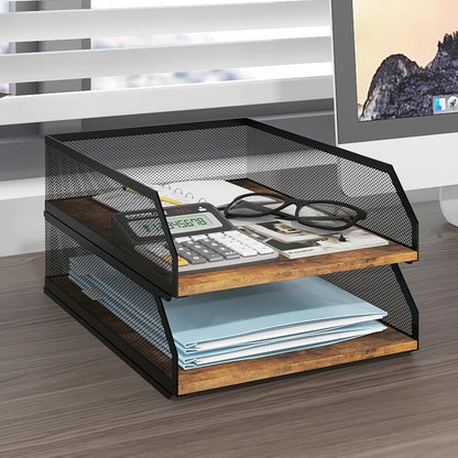 2-Tier Stackable Metal Mesh Paper Organizer with Sliding Tray,Retro