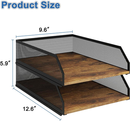 2-Tier Stackable Metal Mesh Paper Organizer with Sliding Tray,Retro