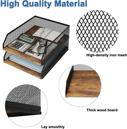 2-Tier Stackable Metal Mesh Paper Organizer with Sliding Tray,Retro