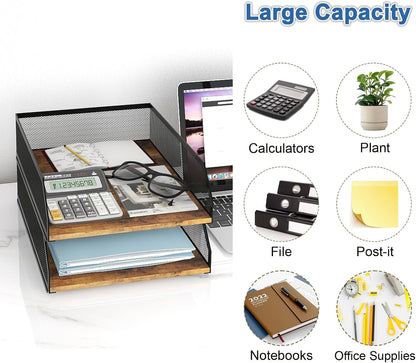2-Tier Stackable Metal Mesh Paper Organizer with Sliding Tray,Retro