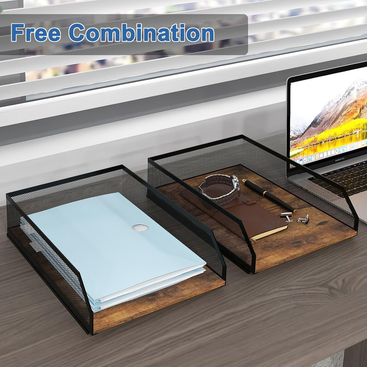 2-Tier Stackable Metal Mesh Paper Organizer with Sliding Tray,Retro