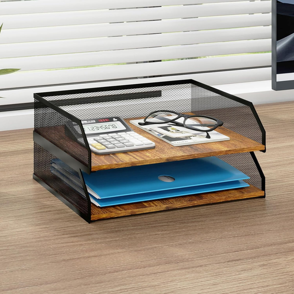 2-Tier Stackable Metal Mesh Paper Organizer with Sliding Tray,Retro