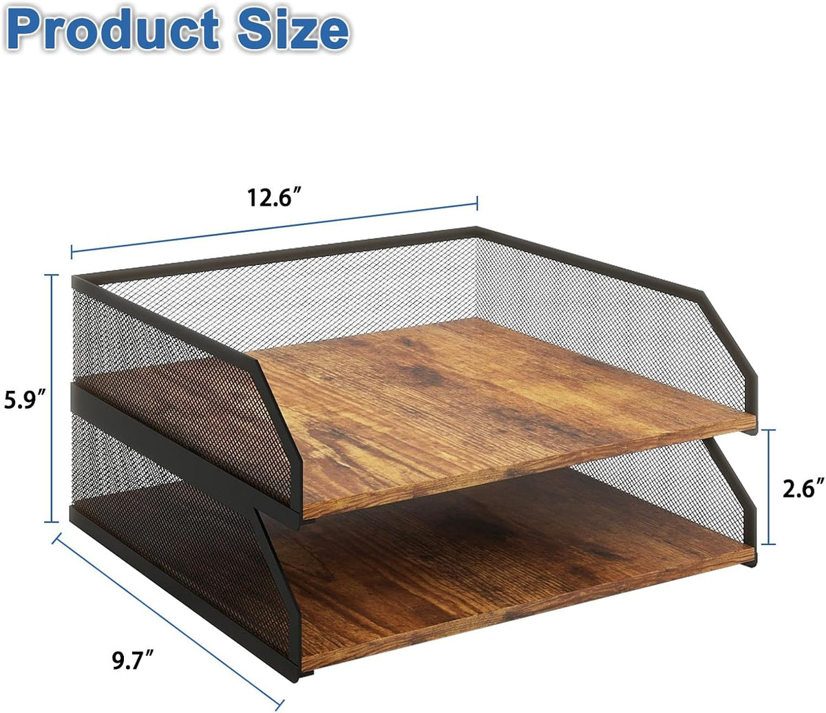 2-Tier Stackable Metal Mesh Paper Organizer with Sliding Tray,Retro