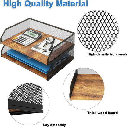 2-Tier Stackable Metal Mesh Paper Organizer with Sliding Tray,Retro