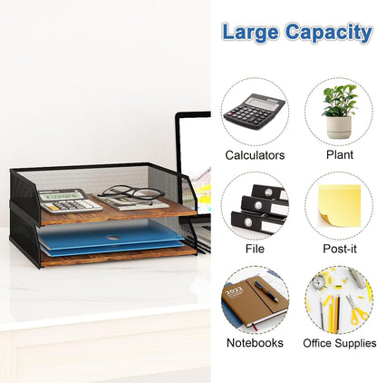 2-Tier Stackable Metal Mesh Paper Organizer with Sliding Tray,Retro