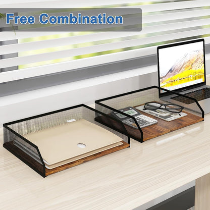 2-Tier Stackable Metal Mesh Paper Organizer with Sliding Tray,Retro