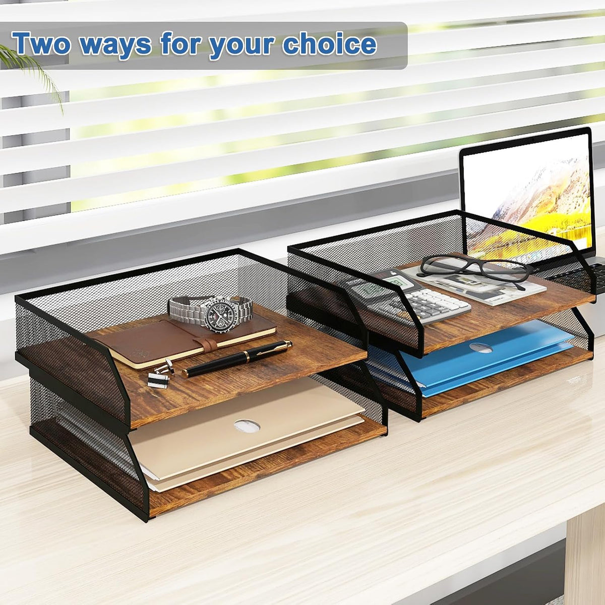 2-Tier Stackable Metal Mesh Paper Organizer with Sliding Tray,Retro