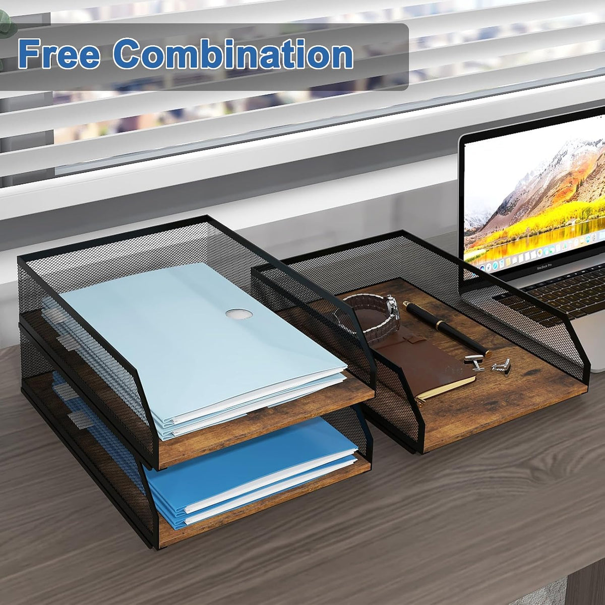 2-Tier Stackable Metal Mesh Paper Organizer with Sliding Tray,Retro