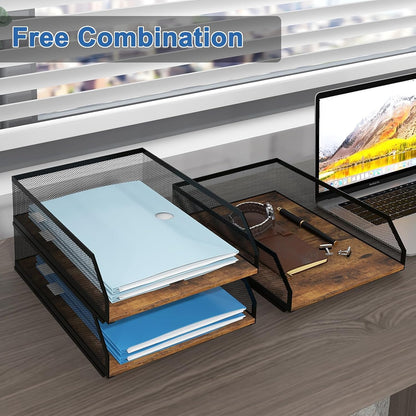 2-Tier Stackable Metal Mesh Paper Organizer with Sliding Tray,Retro